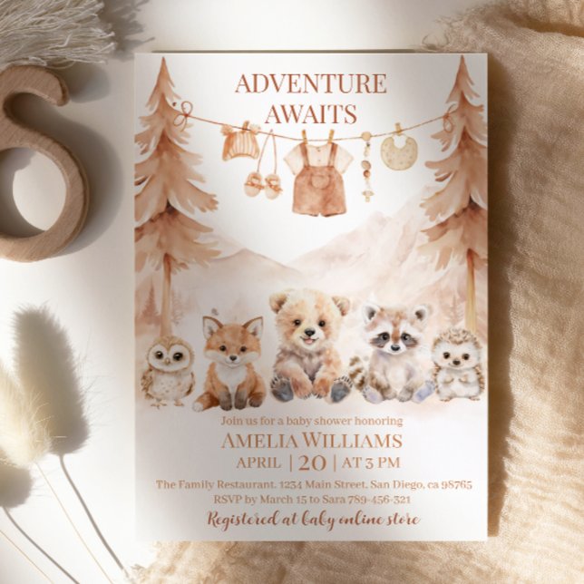 Convites Warm Beige Adventure Awaits Woodland Baby Shower (Criador carregado)