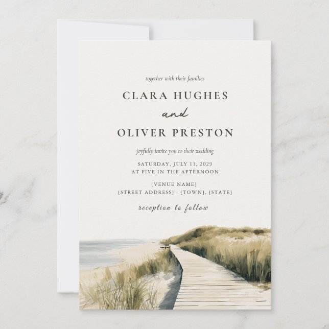 Convites Warm Ivory Sand Ocean Script Cape Cod Wedding  (Frente)