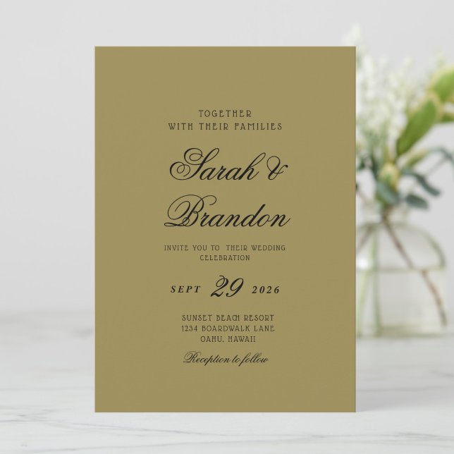 Convites Warm Solid Color Olive green  Script Wedding (Criador carregado)