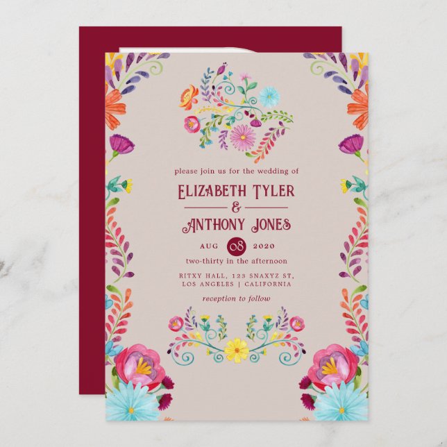 Convites Warm Taupe/Burgundy Floral Mexican Fiesta Wedding (Frente/Verso)