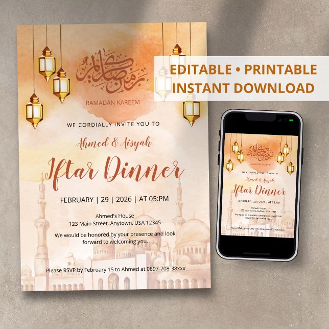 Convites Warm Watercolor Mosque Iftar Party Invitation (Criador carregado)