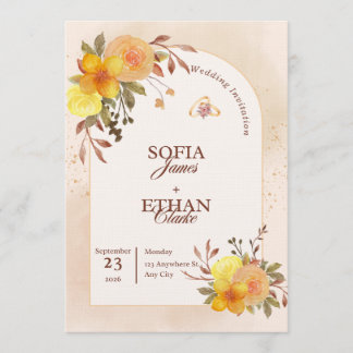 Convites Warm Yellow & Peach Floral Wedding Invitation