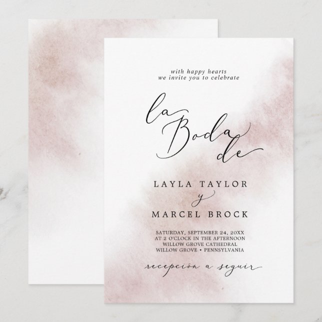 Convites Wash de Aquarela | Blush La Boda De Wedding (Frente/Verso)