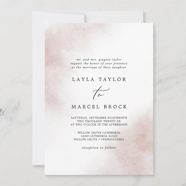 Convites Wash de Aquarela | Blush Traditional Wedding (Frente)