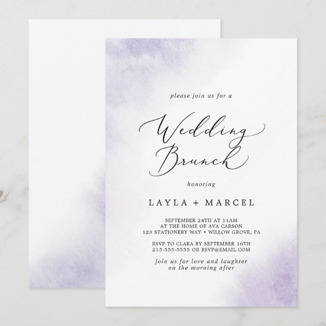 Convites Wash de Aquarela | Brunch de Casamento Roxo (Frente/Verso)