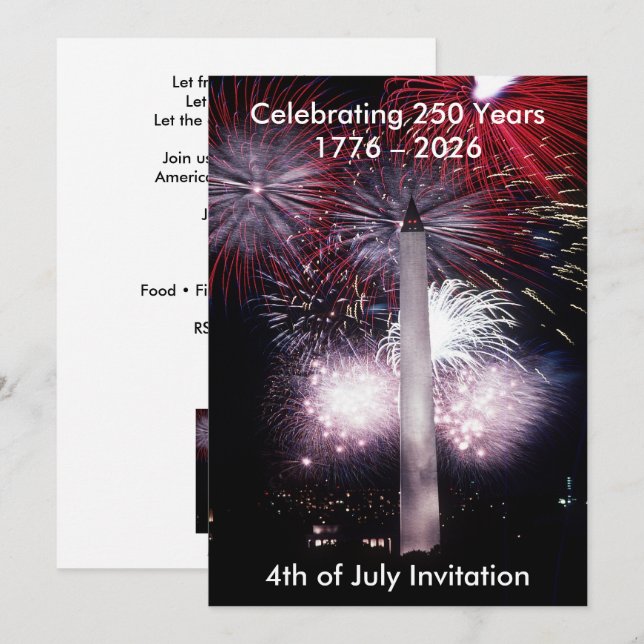 Convites Washington Monument 250 Years 4th of July Party (Frente/Verso)