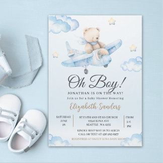 Convites Watercolor Airplane Teddy Bear Baby Shower