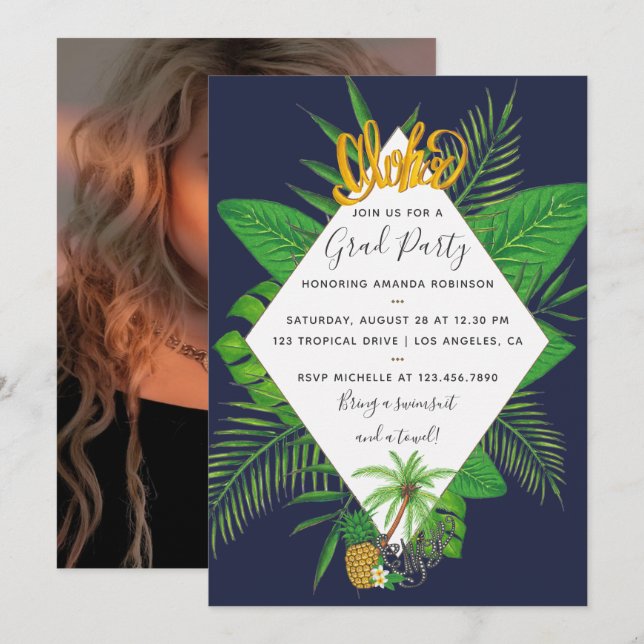 Convites Watercolor Aloha Luau Festa de formatura adicionar (Frente/Verso)
