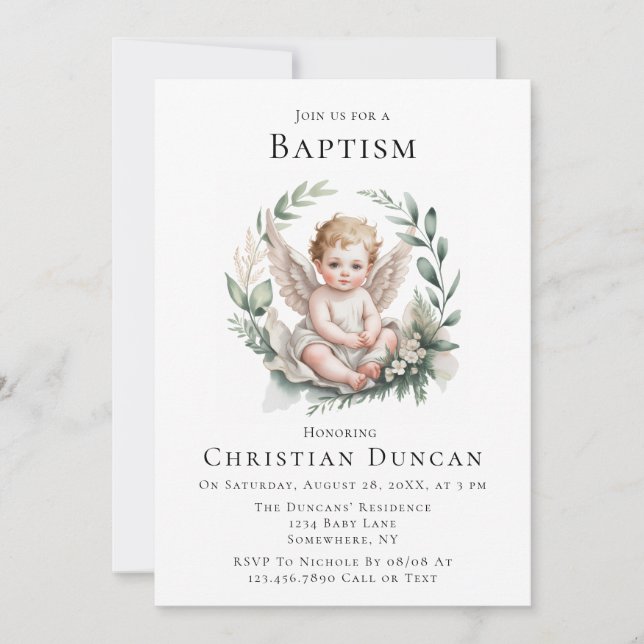 Convites Watercolor Angel Wings Baptism  (Frente)