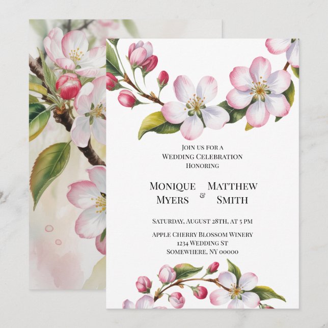 Convites Watercolor Apple Cherry Blossom Wedding (Frente/Verso)