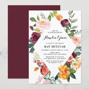 Convites Watercolor Autumn Blooms Diamond Frame Mitzvah