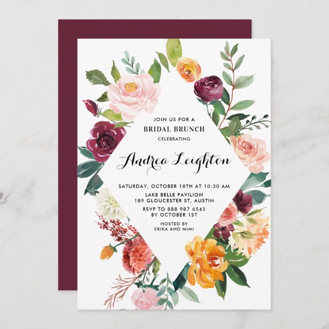 Convites Watercolor Autumn Blooms Floral Bridal Brunch (Frente/Verso)