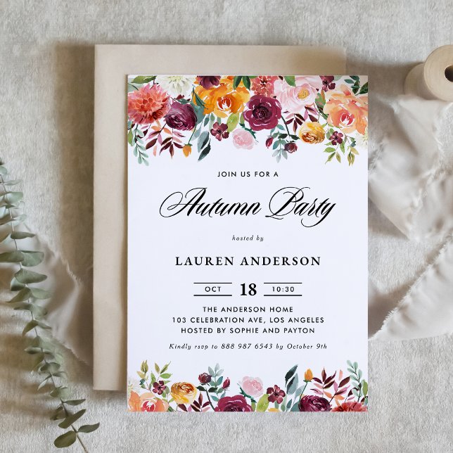 Convites Watercolor Autumn Blos Garland Party Autumn (Criador carregado)