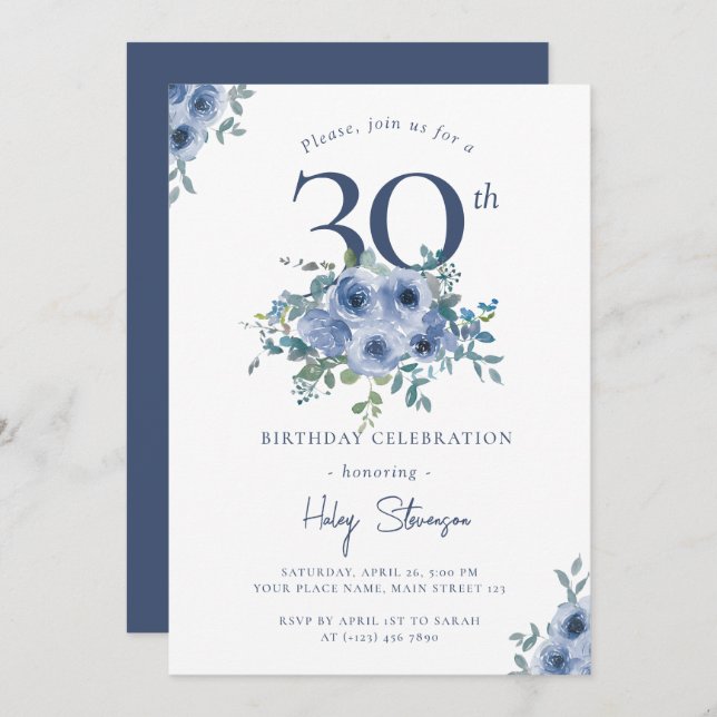 Convites Watercolor Azul Floral 30 Chic Birday (Frente/Verso)