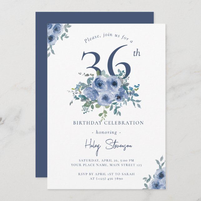 Convites Watercolor Azul Floral 36 Quic Birthday (Frente/Verso)