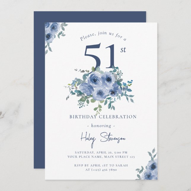 Convites Watercolor Azul Floral 51 rua Chic Birthday (Frente/Verso)