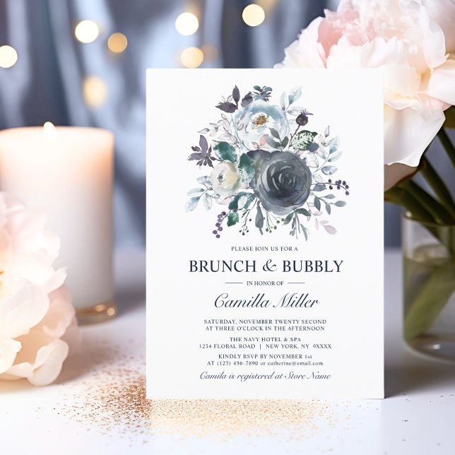 Convites Watercolor Azul Marinho Floral Bridal Bridal Brunc (Watercolor Dusty Blue Navy Floral Bridal Brunch Invitation)