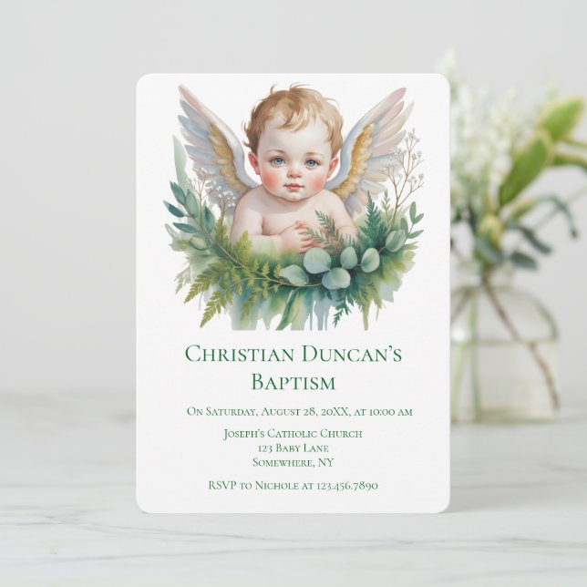 Convites Watercolor Baby Angel Feather Wings Baptism  (Em pé/Frente)