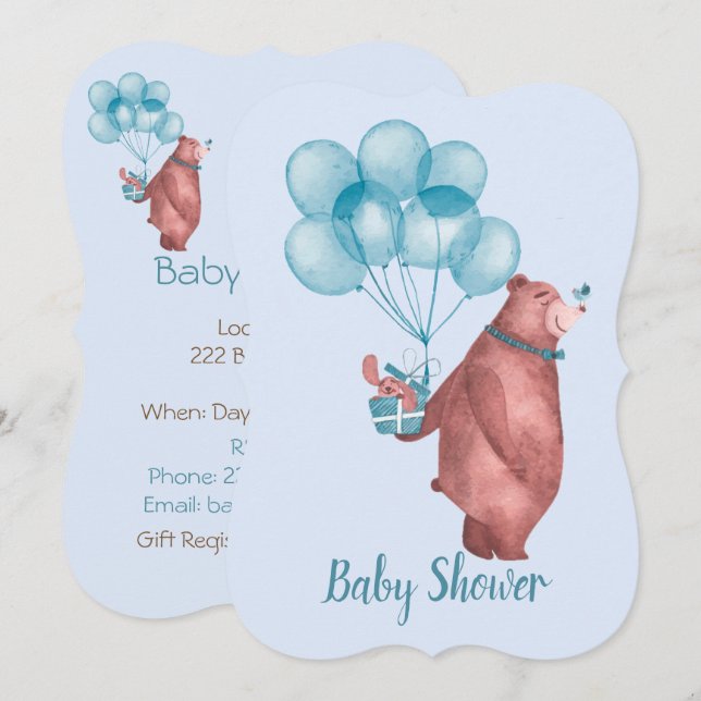 Convites Watercolor Baby Boy Bear Balloons (Frente/Verso)