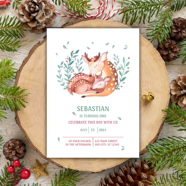 Convites Watercolor Baby Deer Bembi e Mãe primeiro aniversa (Watercolor Baby Deer Bembi and Mother 1st Birthday Invitation)