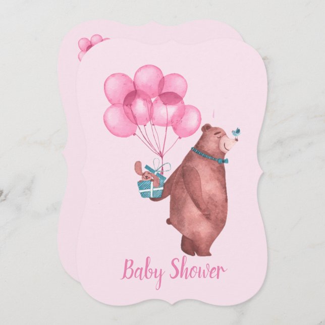 Convites Watercolor Baby Girl Bear Balloons Invitation (Frente/Verso)