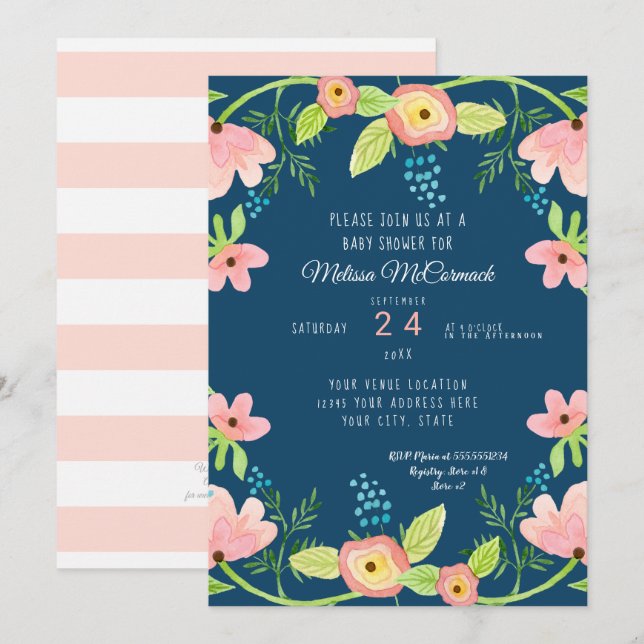 Convites Watercolor Baby Girl Chá Modern BOHO Floral Art (Frente/Verso)