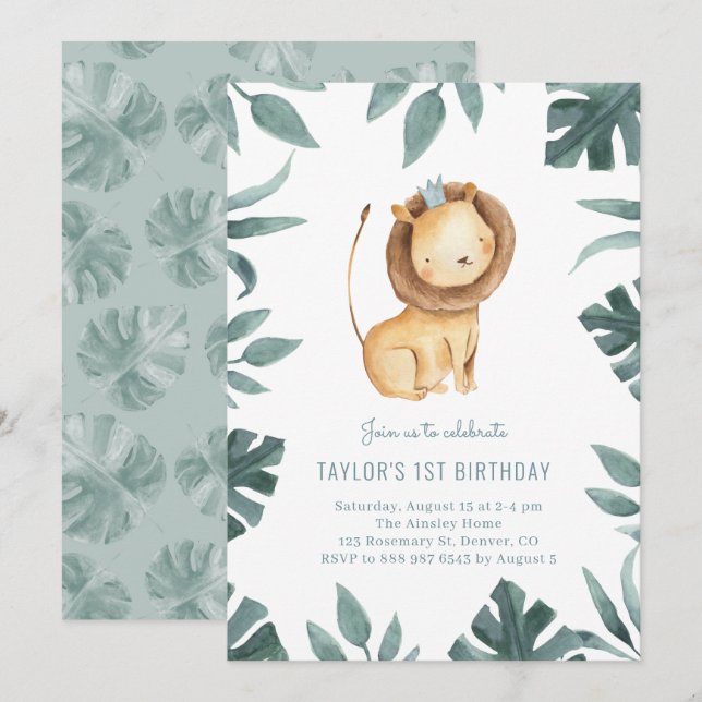 Convites Watercolor Baby Lion Prince Greenere Aniversário (Frente/Verso)