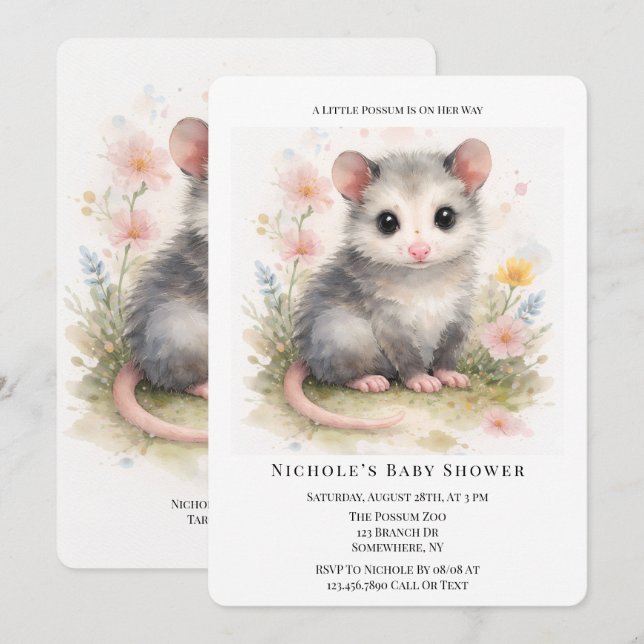 Convites Watercolor Baby Possum Baby Shower  (Frente/Verso)