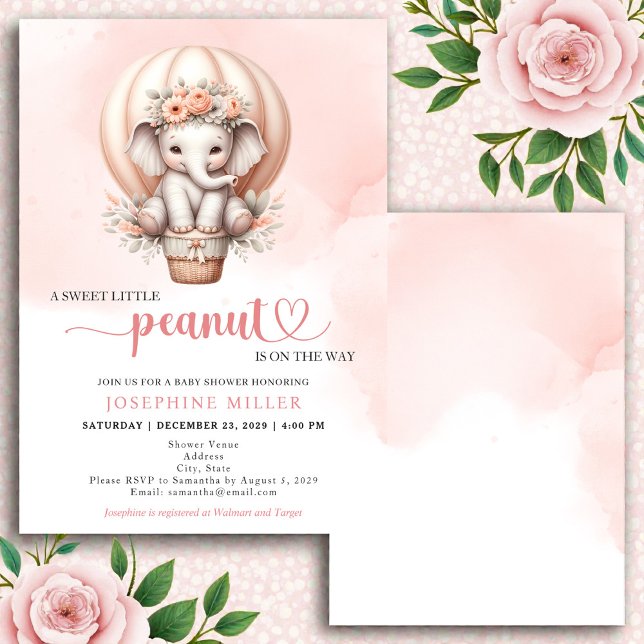 Convites Watercolor Baby Shower Peach Elephant Invitation (Criador carregado)