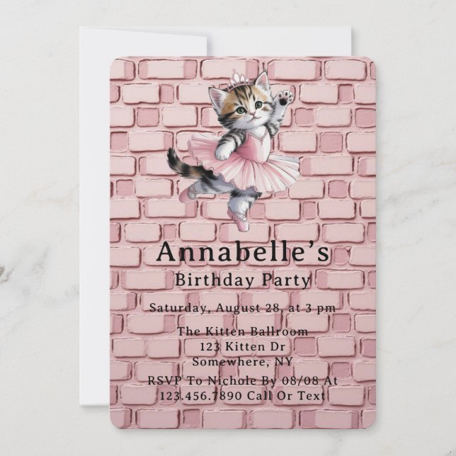 Convites Watercolor Ballerina Kitten Girl Birthday Party (Frente)