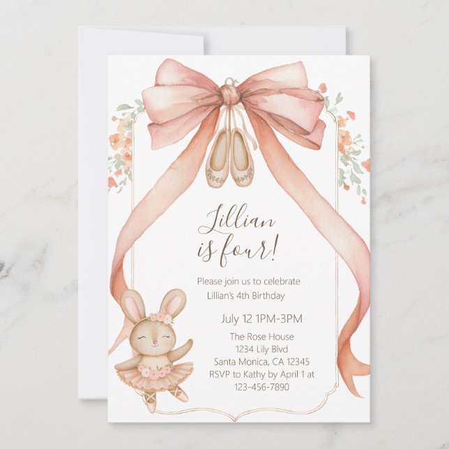 Convites Watercolor Ballet Girls Fourth Birthday (Frente)