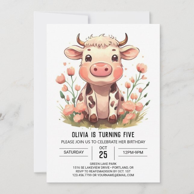 Convites Watercolor Barnyard Cow Birthday (Frente)