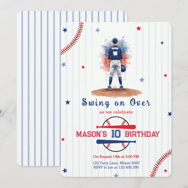 Convites Watercolor Baseball Player Boy 10th Birthday (Frente/Verso)