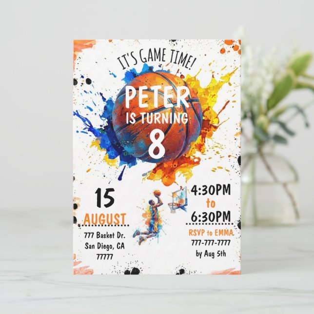 Convites Watercolor Basketball Birthday Invitation (Em pé/Frente)