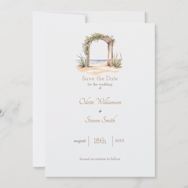 Convites Watercolor Beach Arch Weding the Date Card (Frente)
