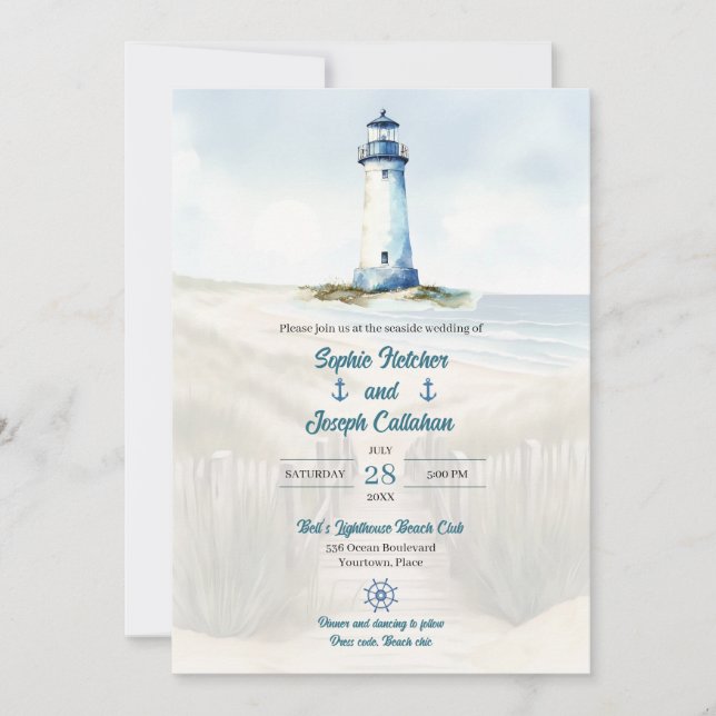 Convites Watercolor Beach, Coastal New England Wedding (Frente)