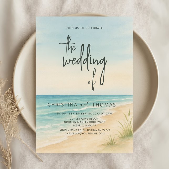 Convites Watercolor Beach Coastal Wedding (Criador carregado)