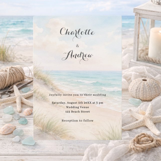 Convites Watercolor beach coatal modern wedding (Criador carregado)