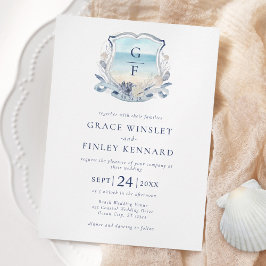Convites Watercolor Beach Monograma Wedding Crest