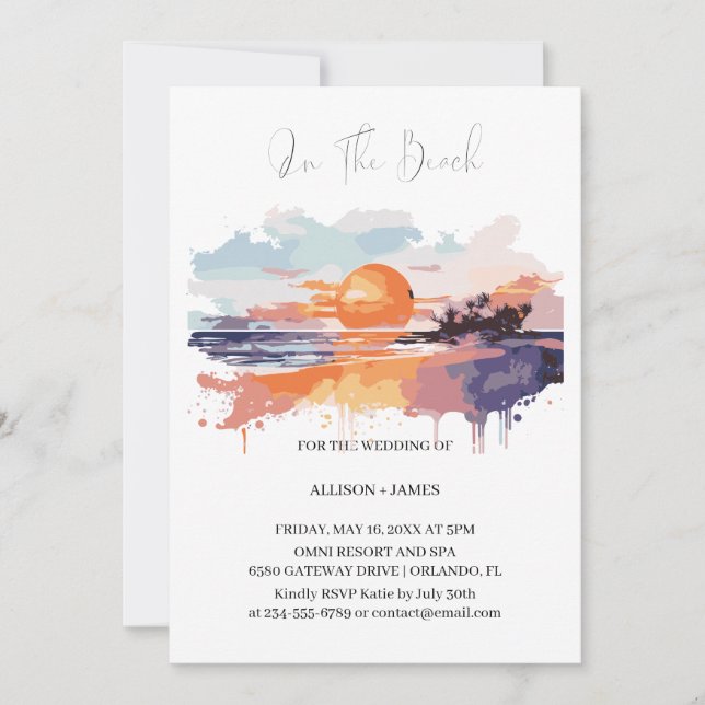 Convites Watercolor Beach No Beach Wedding (Frente)