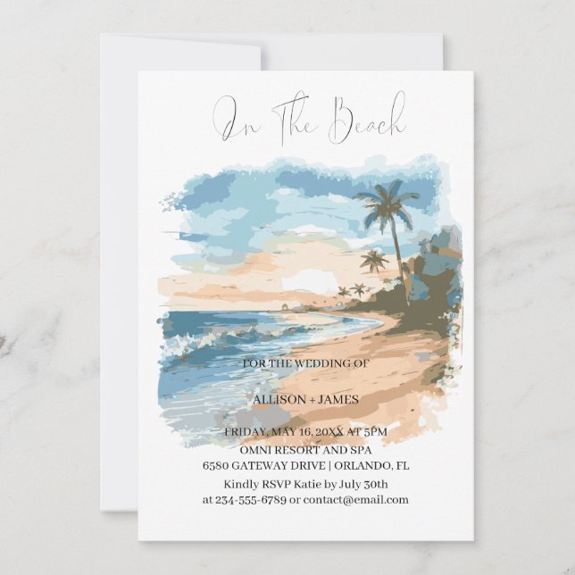 Convites Watercolor Beach No Beach Wedding (Frente)