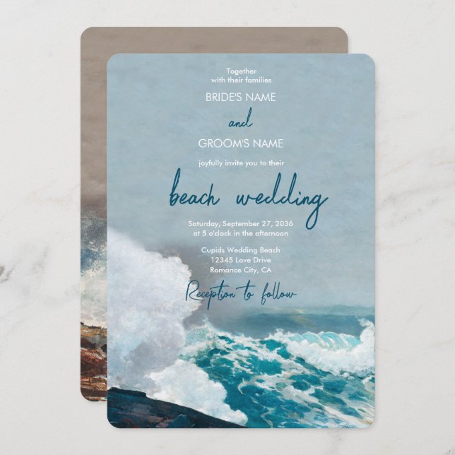 Convites Watercolor Beach Ocean Ong Casamento Monograma (Frente/Verso)