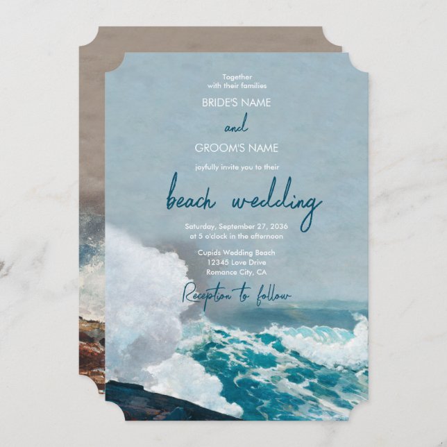 Convites Watercolor Beach Ocean Ong Casamento Monograma (Frente/Verso)