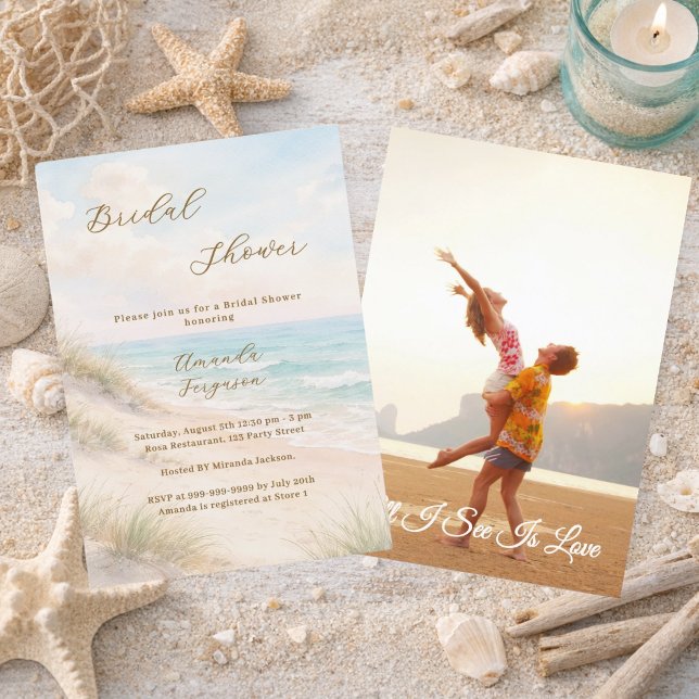 Convites Watercolor beach sand dunes photo Bridal Shower (Criador carregado)