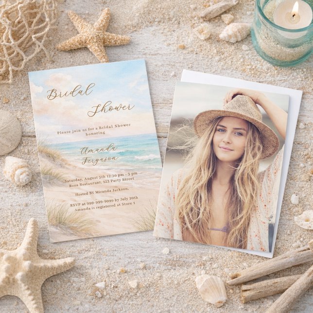 Convites Watercolor beach sand dunes photo Bridal Shower (Criador carregado)