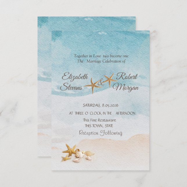 Convites Watercolor Beach Seashells Sand Wedding  (Frente/Verso)