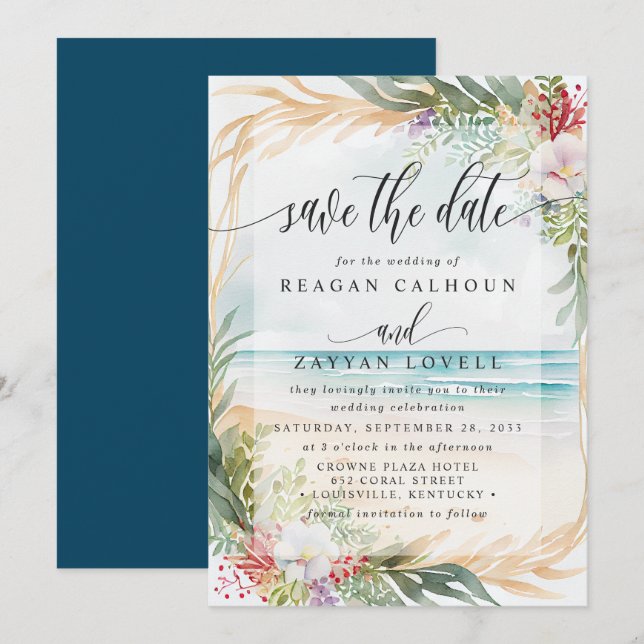 Convites Watercolor Beach Weding The Date Card (Frente/Verso)