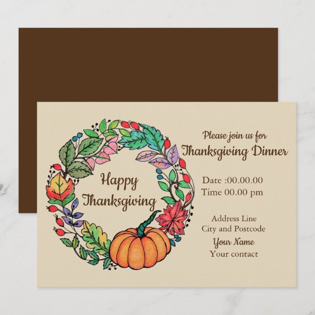 Convites Watercolor Belo Pumpkin Wreath com folhas (Frente/Verso)