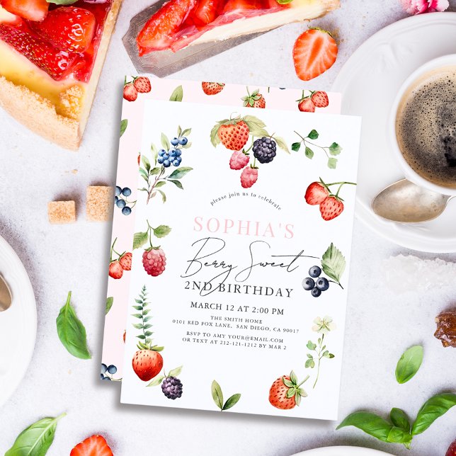 Convites Watercolor Berries Berry First Girl Birthday (Criador carregado)