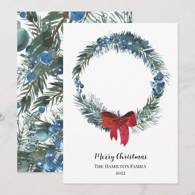Convites Watercolor Berries e Greenery Wreath Christmas (Frente/Verso)